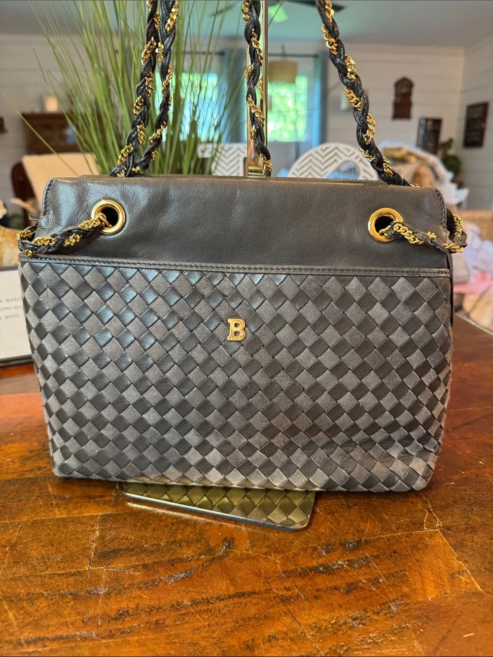 Bally Charcoal Woven Shoulder Bag with Gold Chain Detail